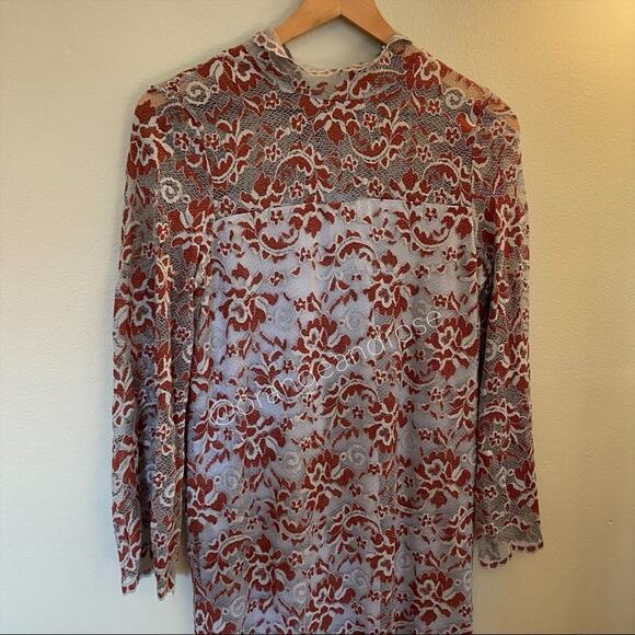 GANNI Blue Red Floral Lace Mockneck Long Sleeve Formal Mini Dress Comfy Event S - Picture 15 of 16